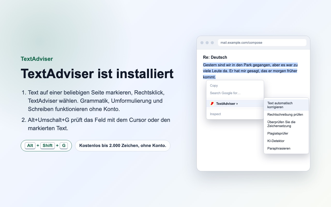 Das Ergebnis erscheint in der Erweiterung, Text auf der Seite mit einem Klick ersetzen.
