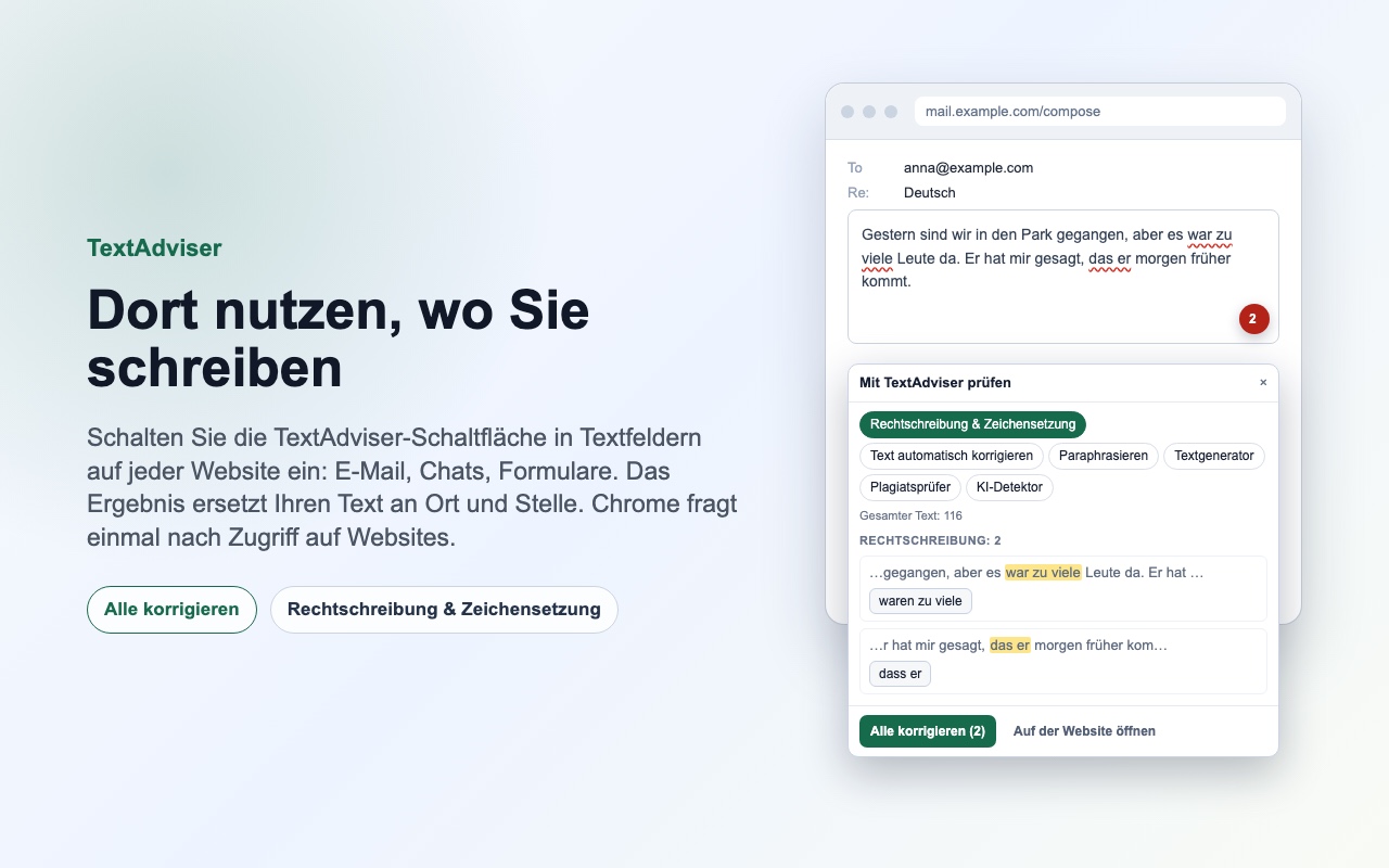 Die TextAdviser-Leiste im Textfeld: Fehler, Korrekturen und „Alle korrigieren“.