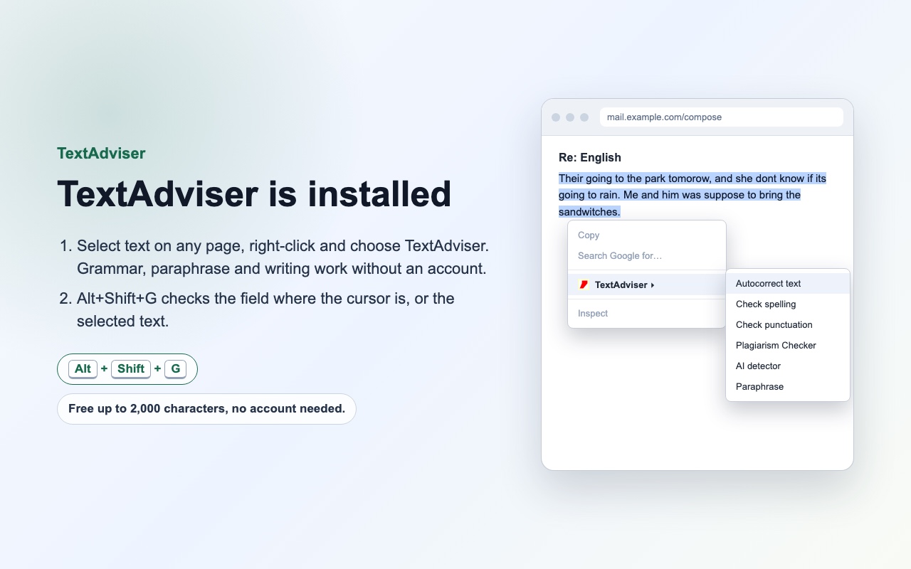 The result appears in the extension, replace the text on the page in one click.
