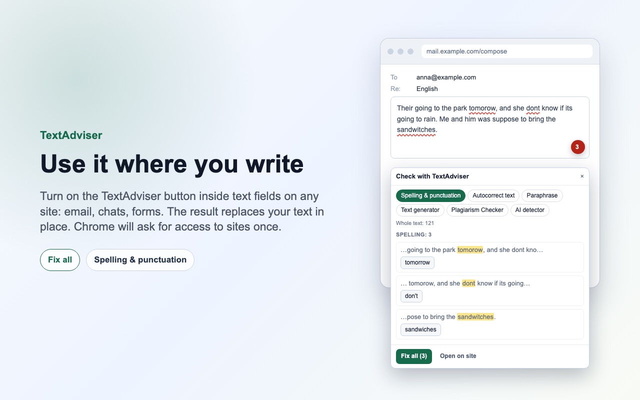 The TextAdviser panel inside a text field: mistakes, corrections and 