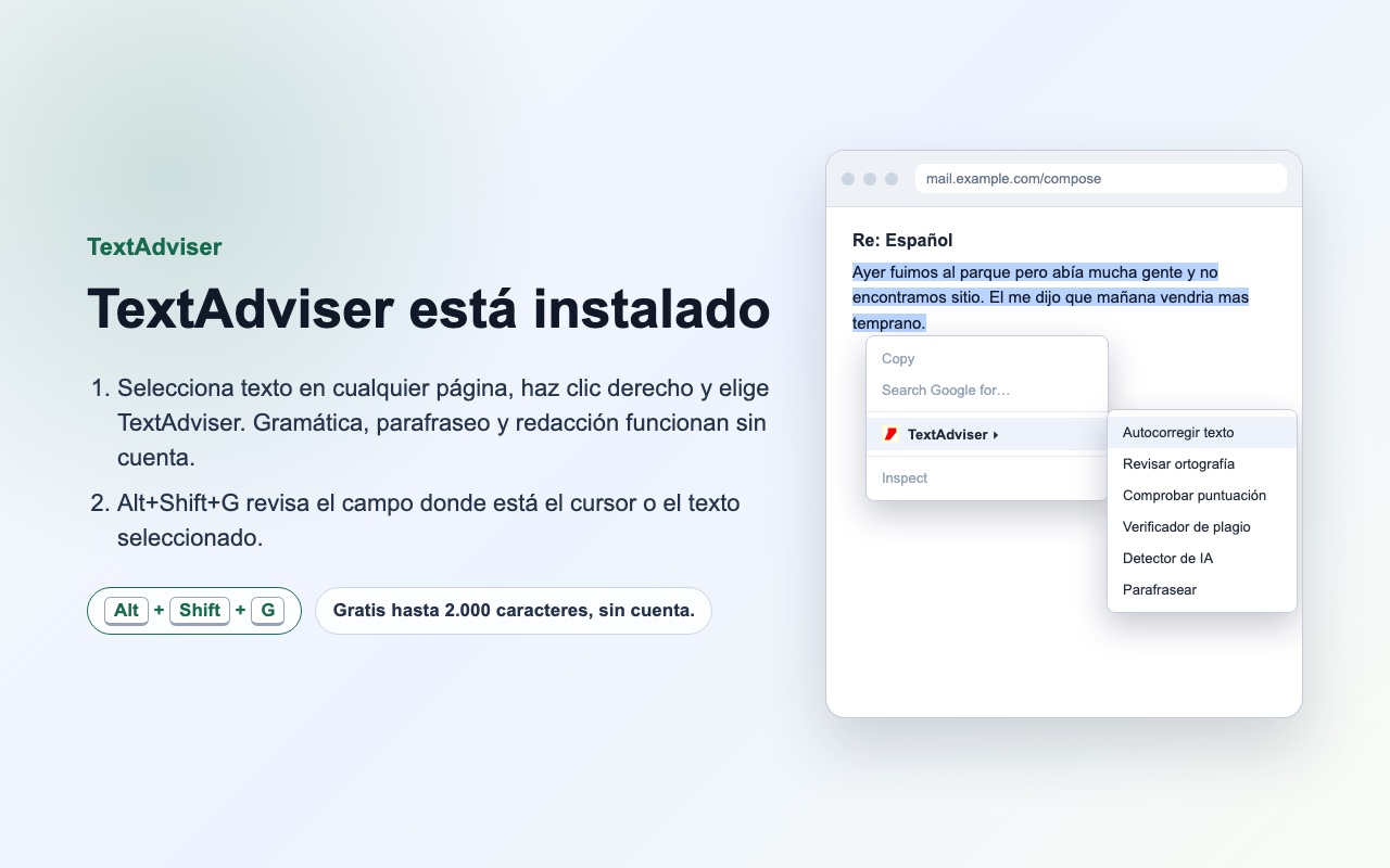 El resultado aparece en la extensión, reemplaza el texto en la página con un clic.