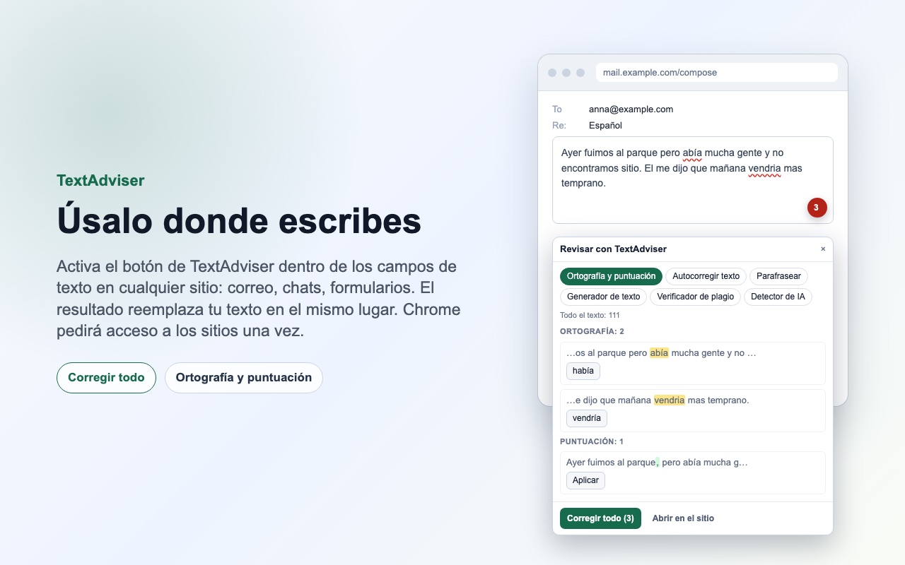 El panel de TextAdviser dentro del campo de texto: errores, correcciones y «Corregir todo».