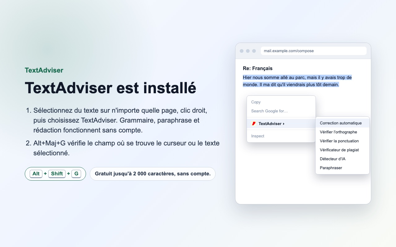 Le résultat s'affiche dans l'extension, remplacez le texte sur la page en un clic.