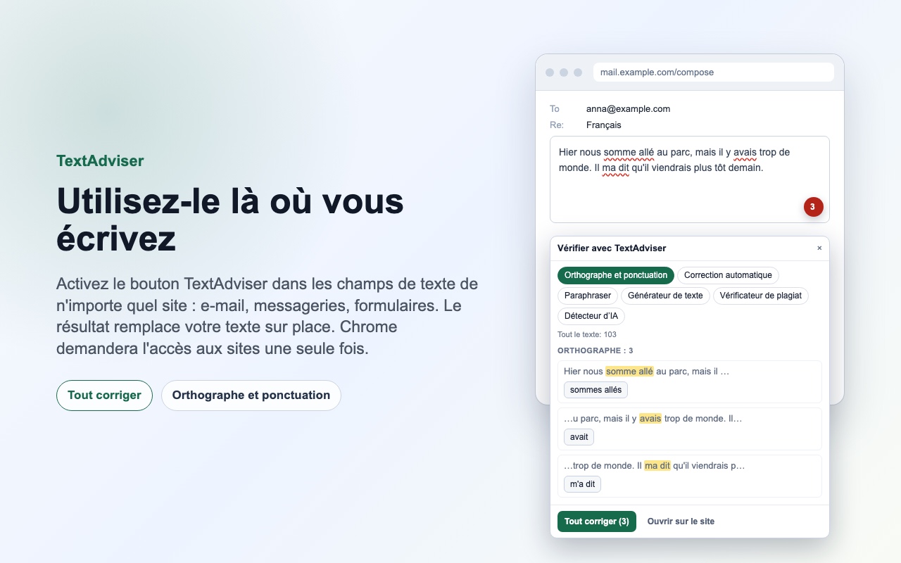 Le panneau TextAdviser dans le champ de texte : fautes, corrections et « Tout corriger ».