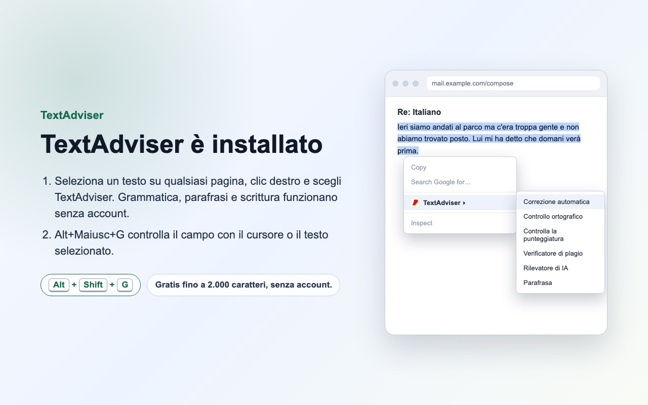 Il risultato appare nell'estensione, sostituisci il testo nella pagina con un clic.