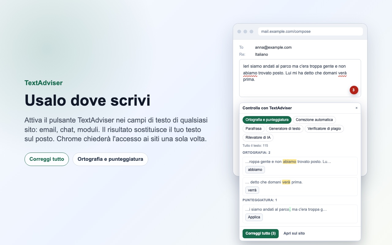 Il pannello TextAdviser nel campo di testo: errori, correzioni e «Correggi tutto».