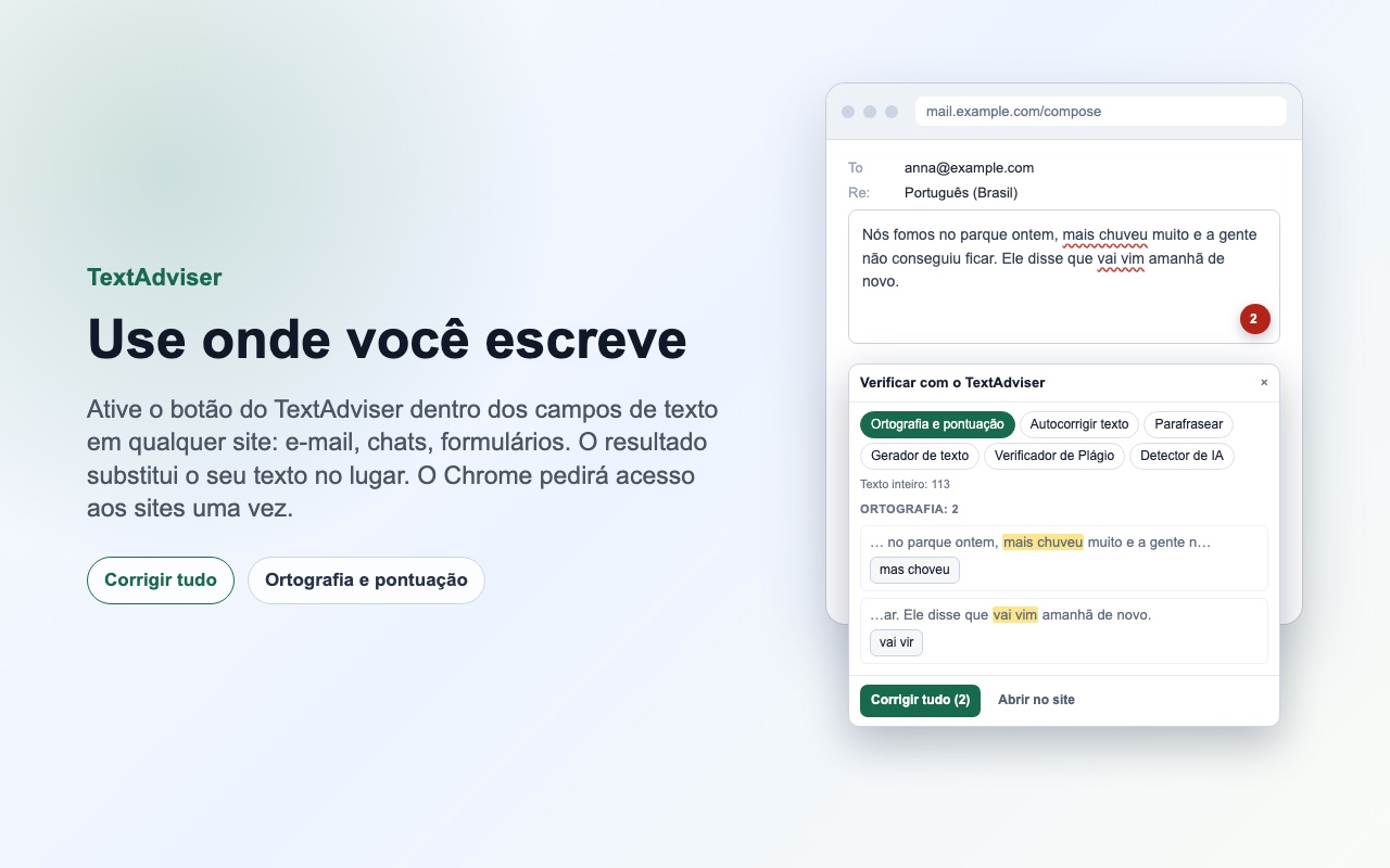 O painel do TextAdviser dentro do campo de texto: erros, correções e «Corrigir tudo».